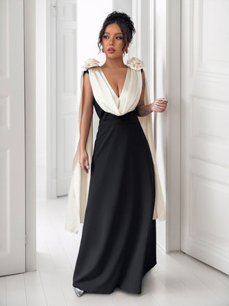 1930s V-Neck Colorblock 3D Roses Cape Dress