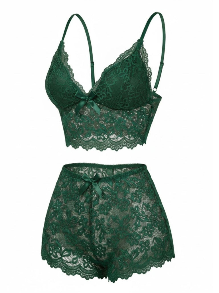 Red 1960s Spaghetti Strap Lace Floral Bow Pajama Set