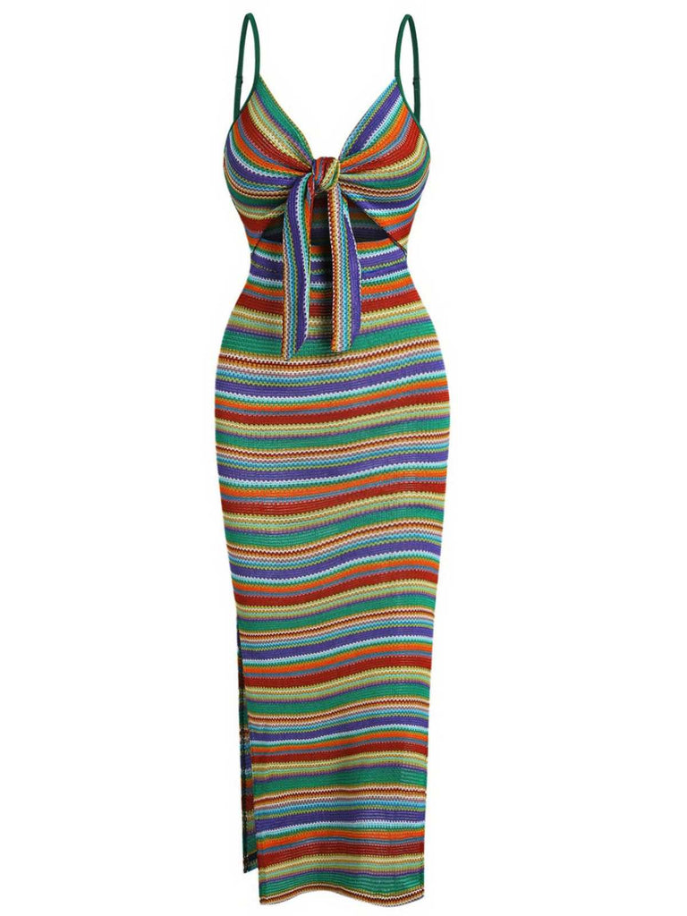 1970s Strap Colorful Stripes Lace-Up Boho Dress