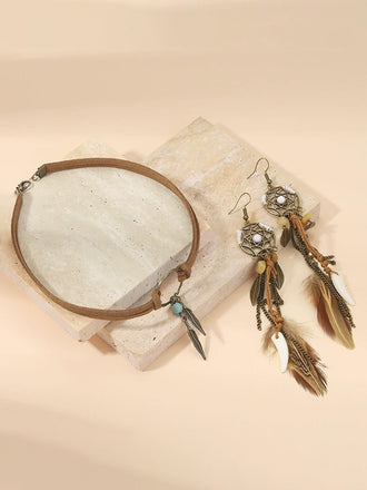 Leather Choker & Feather Dreamcatcher Tassel Earrings Set