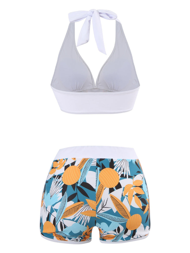1970s V-Neck Tropical Plants Halter Swimsuit
