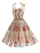 1950s Embroidered Mesh Lace-Up Sweetheart Neck Dress