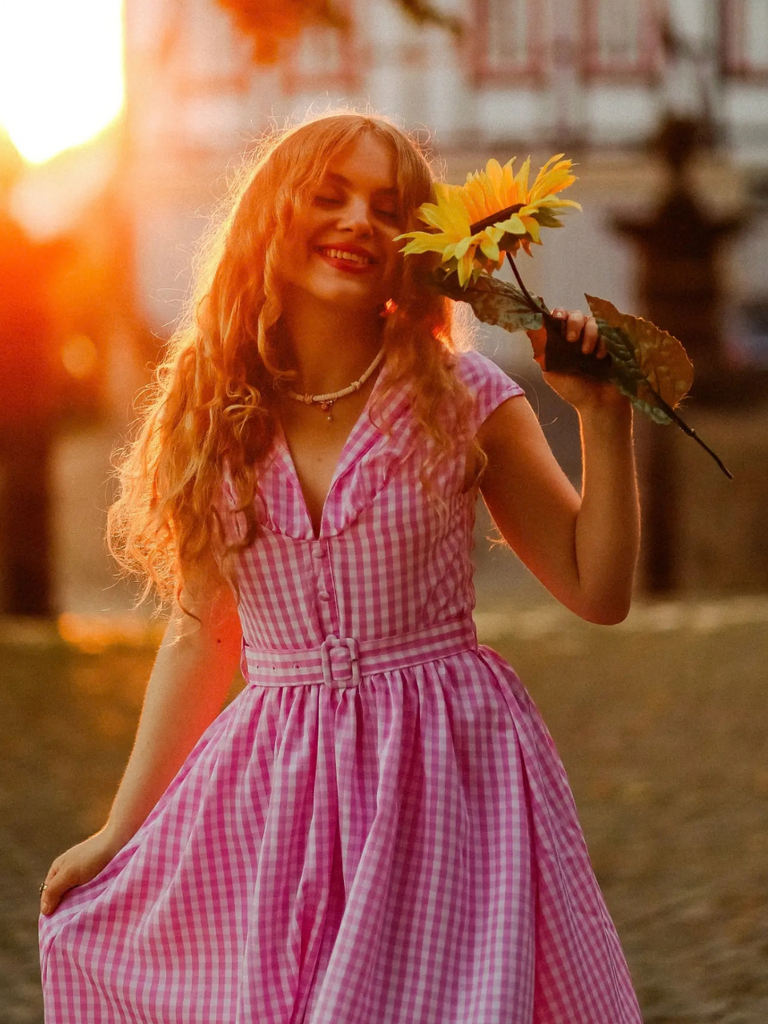 Pink 1940s Gingham Lapel V-Neck Belted Swing Dress