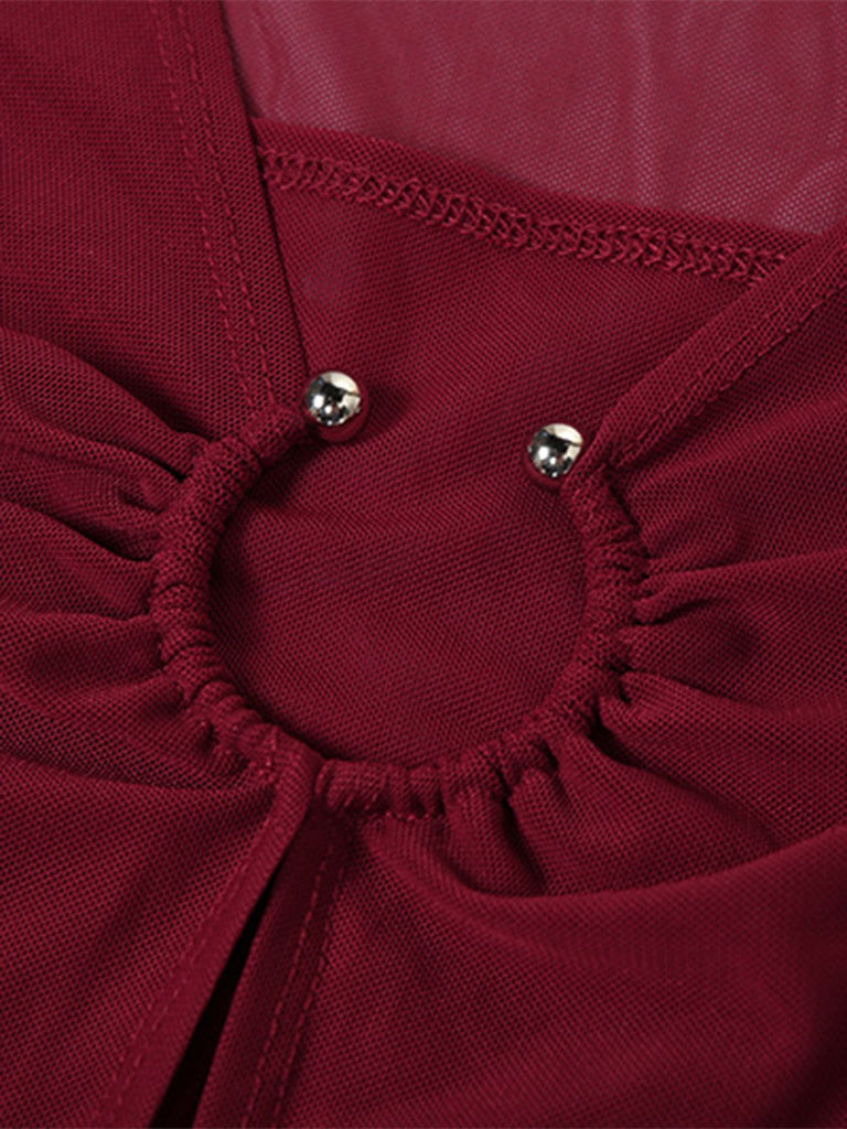 Wine Red 1970s Sheer Mesh Ruffle Maxi Dress