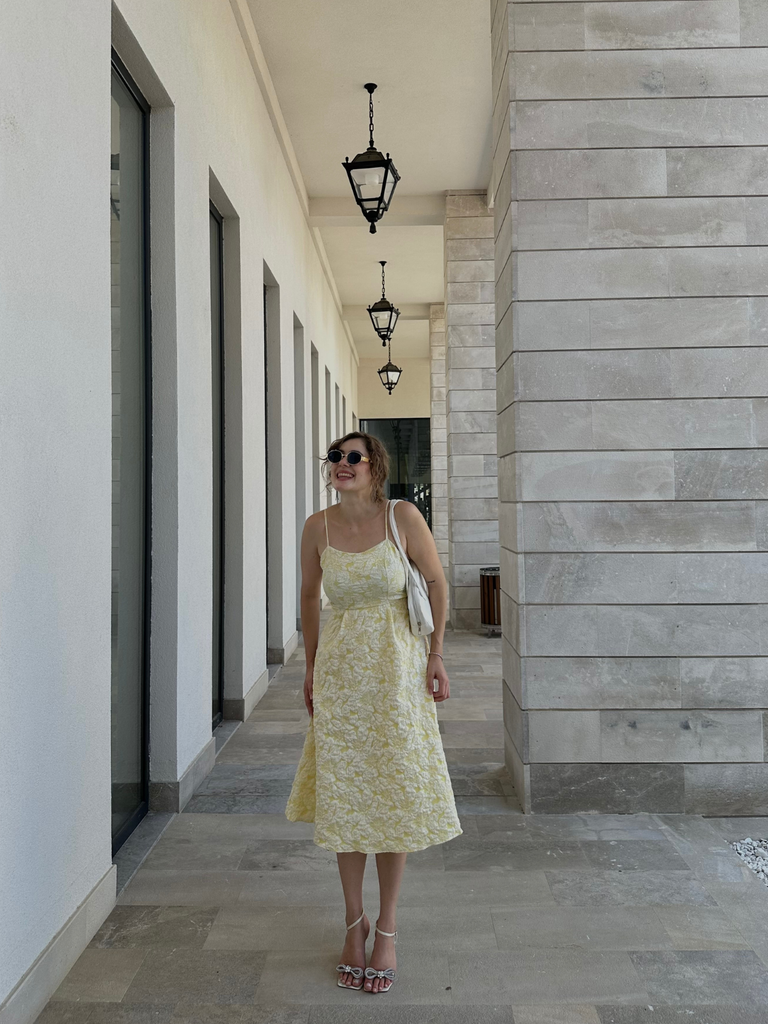 Yellow 1950s Floral Jacquard Textured Spaghetti Strap Midi Dress