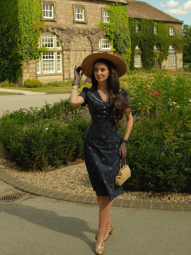 Pure Cotton Blue 1940s Puff Sleeves Floral Dress