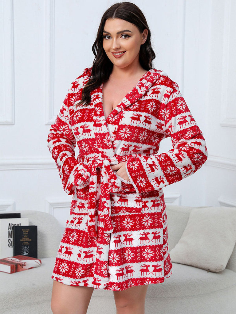 [Plus Size] 1950s Winter Print Plush Hooded Robe