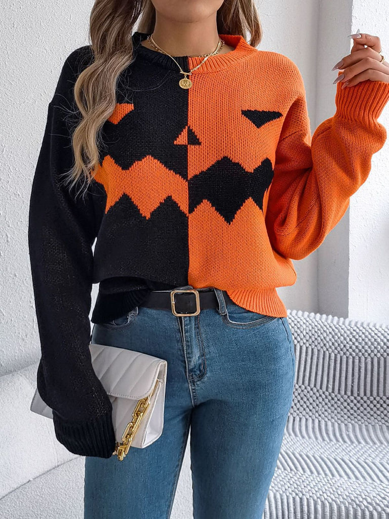 1940s Halloween Pumpkin Face ColorBlock Knit Sweater