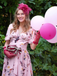 Pink Flowers And Birds Bowknot V-Neck Dress