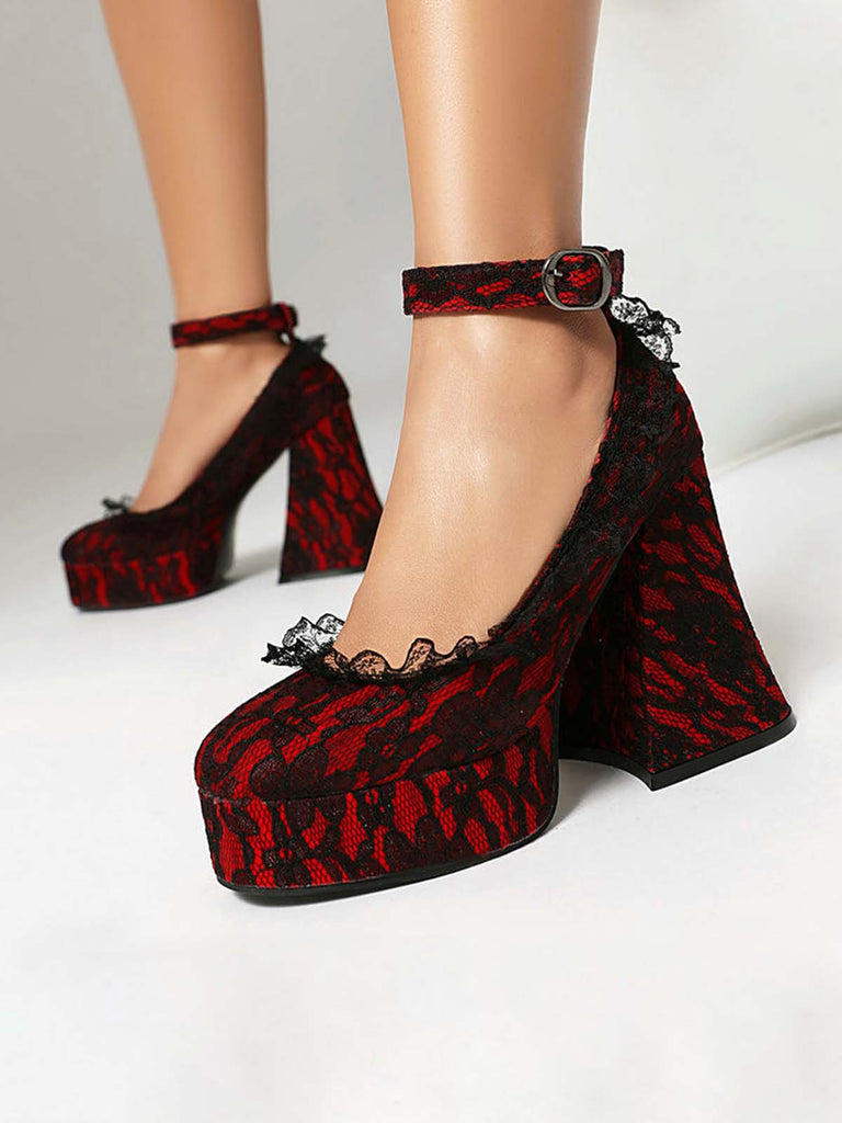 Halloween Floral Lace Punk Chunky Heels