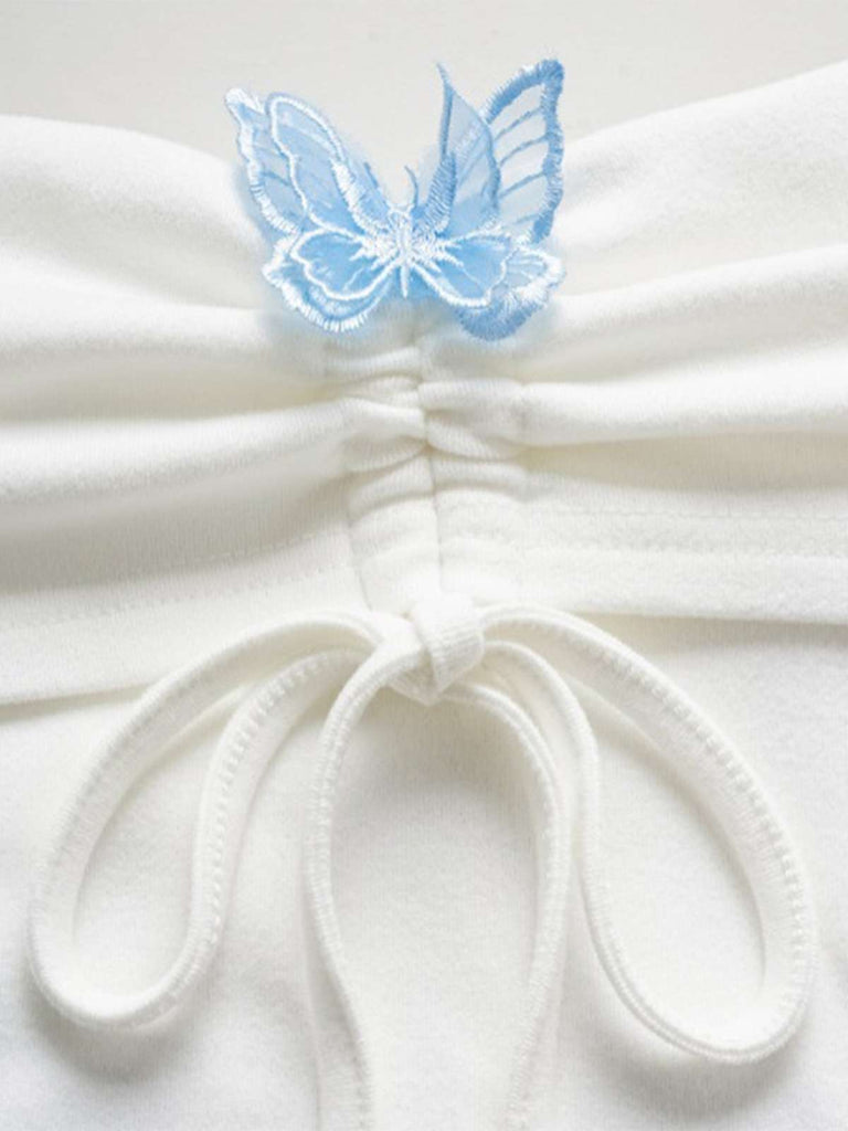 White 1970s Butterfly Off-Shoulder Bel-Sleeve Top