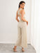 Beige 1950s Solid Lace-Up Halter Belted Jumpsuit