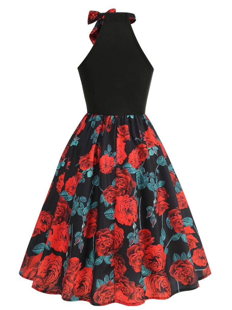 Red 1950s Rose Sleeveless Patchwork Dress