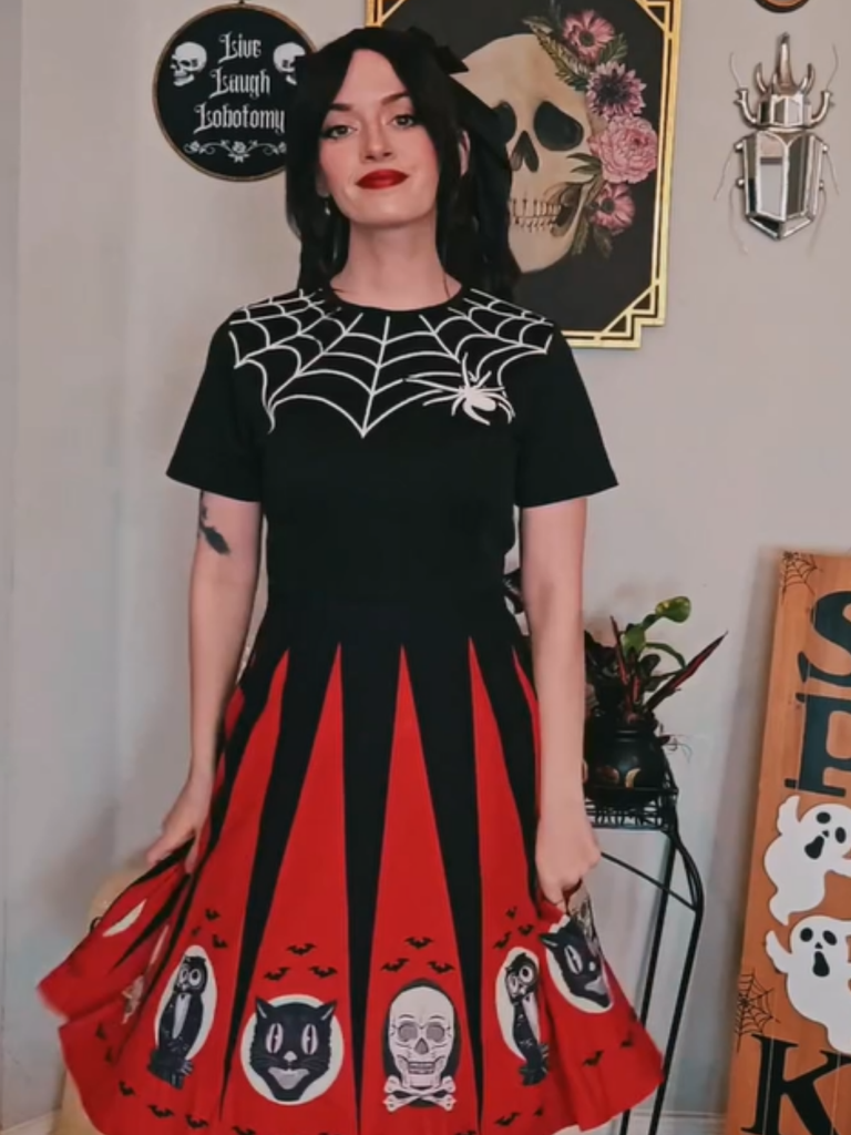 1950s Halloween Spider Web Print Patchwork Dress