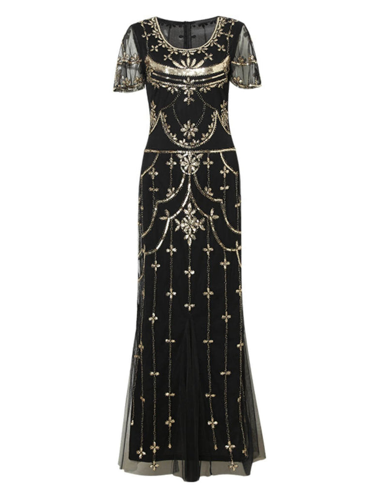 1920s Beaded Mesh Short Sleeve Charleston Dress