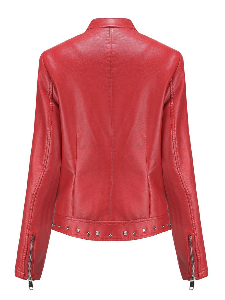 1940s Solid Studded Stand Collar Leather Jacket