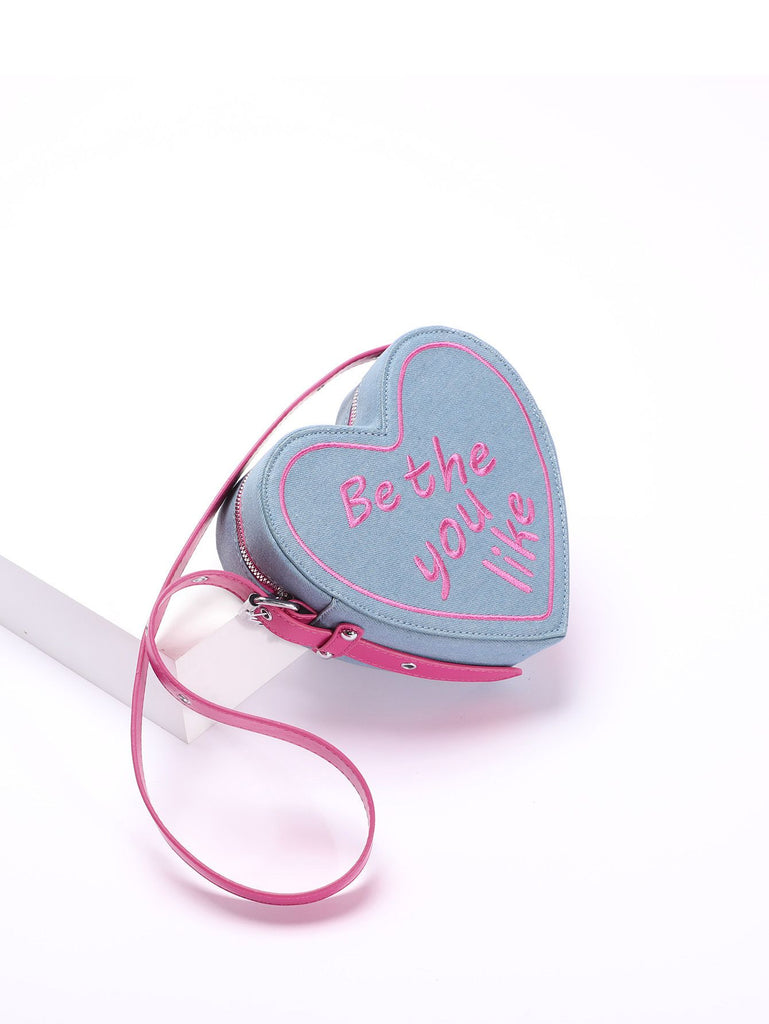 Vintage Denim Letter Embroidered Sling Heart Bag