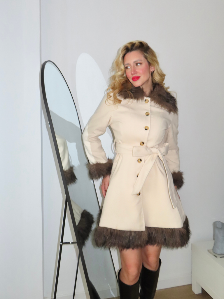 Cream 1950s Fur Collar Patchwork Coat