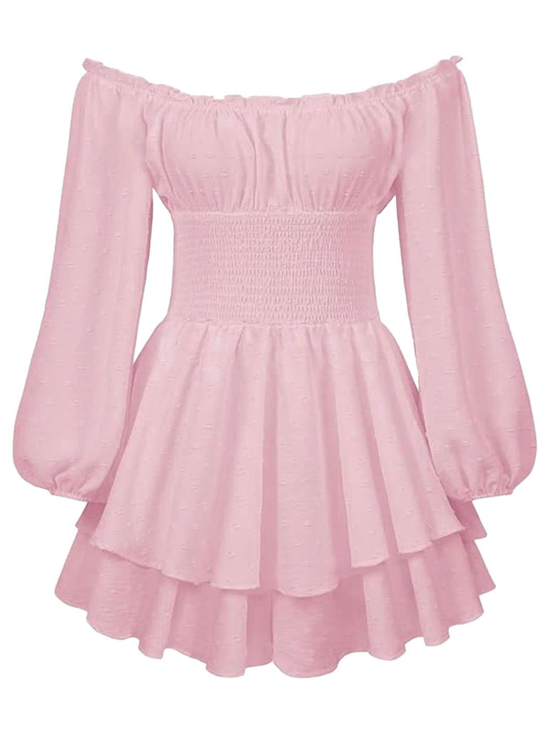 1950s Solid Off-Shoulder Long-Sleeve Smocked Mini Dress