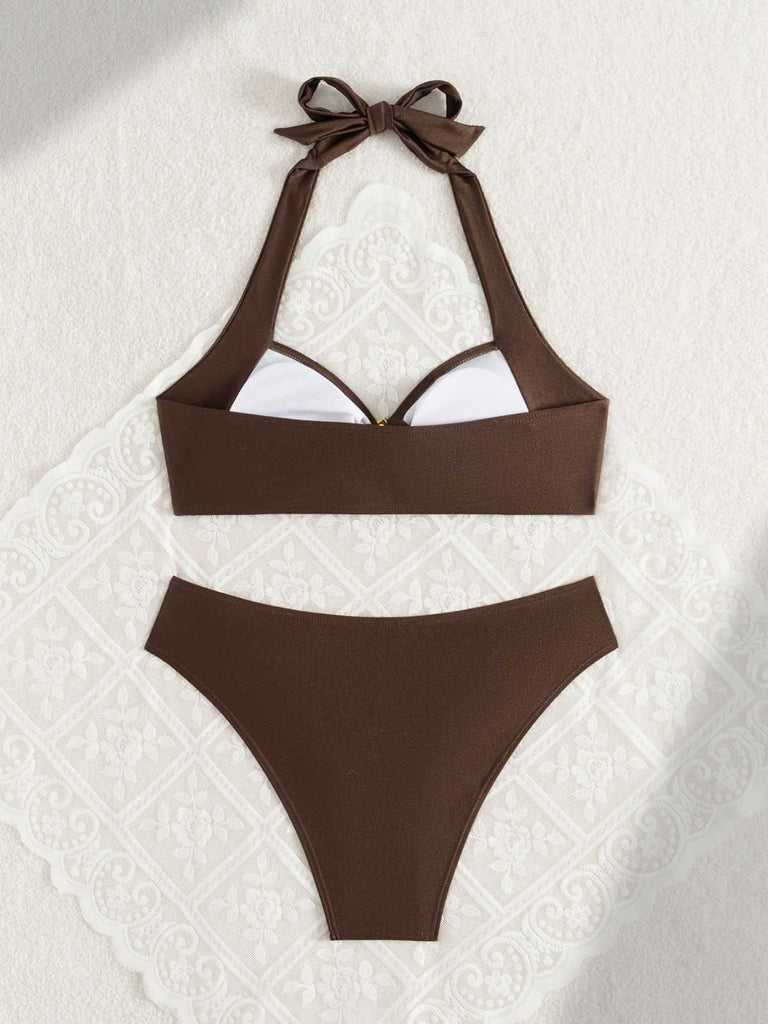 Brown 1950s Golden Ring Halter Bikini Set