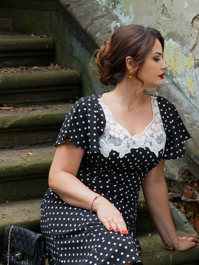 Black 1930s Lace Trim Polka Dot Dress