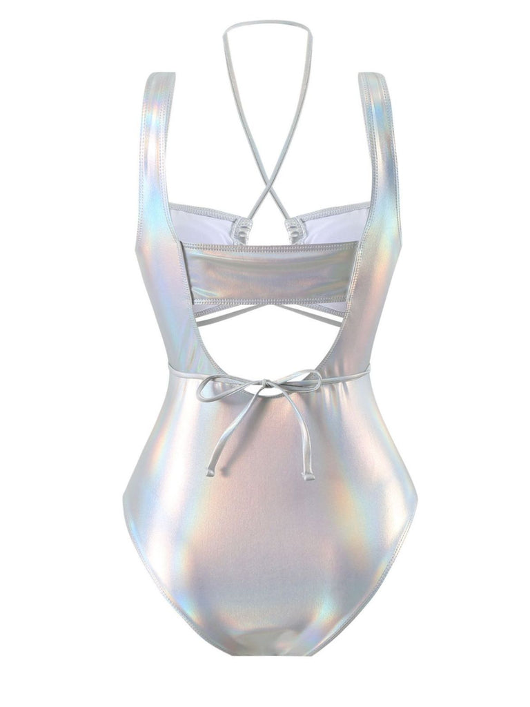 1970s Halter Cut-Out Metallic One-Piece Swimsuit