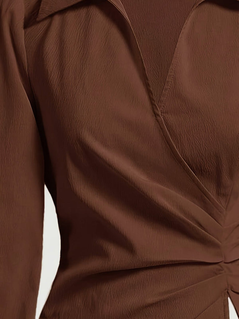 Coffee 1930s Lapel V-Neck Fitted Waist Lantern Sleeve Blouse