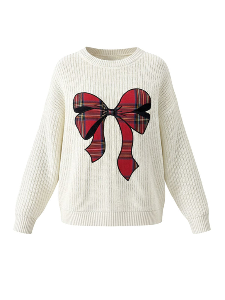 White 1980s Christmas Plaid Bow Round Neck Sweater