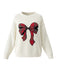 White 1980s Christmas Plaid Bow Round Neck Sweater
