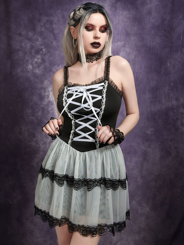 1960s Slip Gothic Lace-Up Ruffled Mesh Dress