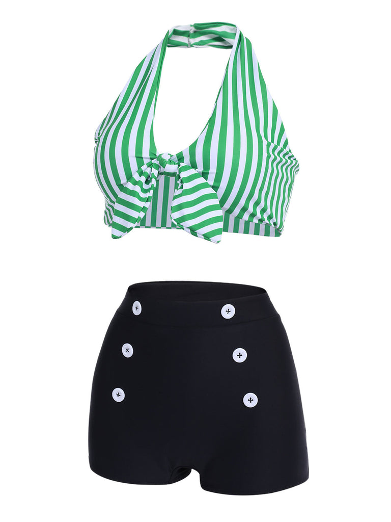 [US Warehouse] Green 1950s Retro Halter Stripes Bikini Set