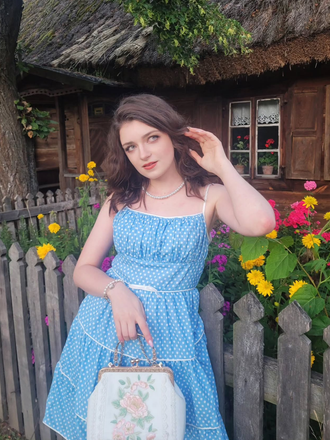 Sky Blue 1950s Strap Polka Dot Swing Dress