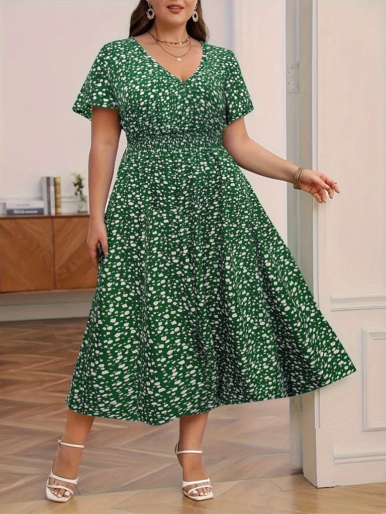 [Plus Size] Green 1940s V-Neck Ditsy Floral Dress