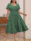 [Plus Size] Green 1940s V-Neck Ditsy Floral Dress