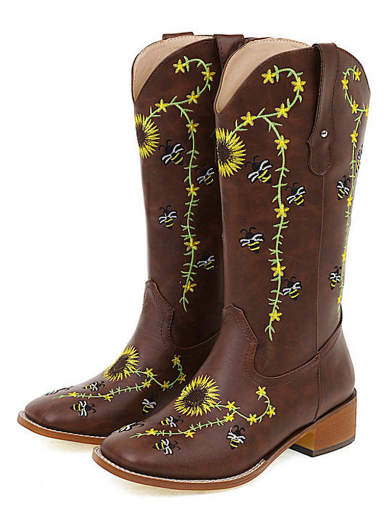 Brown Sunflower Embroidered Western Cowgirl Mid Calf Boots