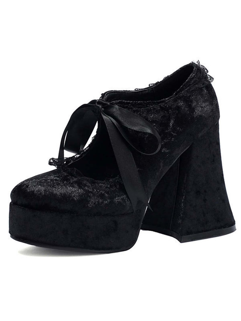 Punk Velvet Lace Bow Chunky Heels