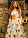 Orange 1950s Sunflower Sweetheart Neck Dress