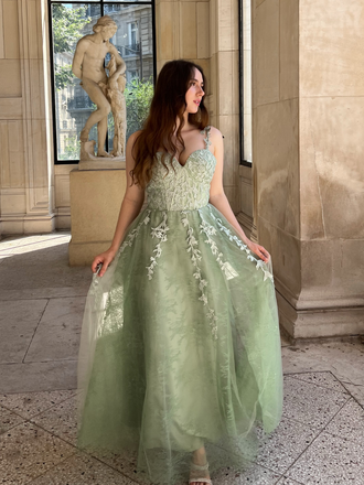 Green 1930s Spaghetti Strap Lace Tulle Maxi Dress
