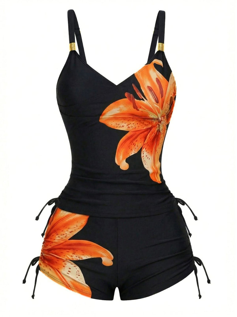 1950s Floral Solid Lace-Up Tankini Set