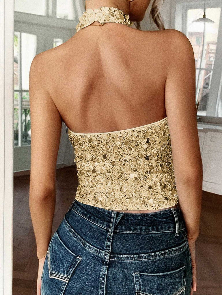 Metallic 1970s Halter Sequin Sleeveless Top