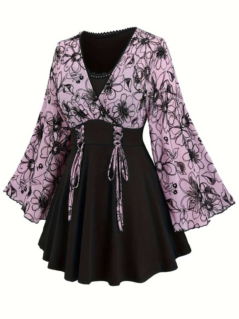 [Plus Size] 1960s Flared Sleeve Drawstring Floral Blouse