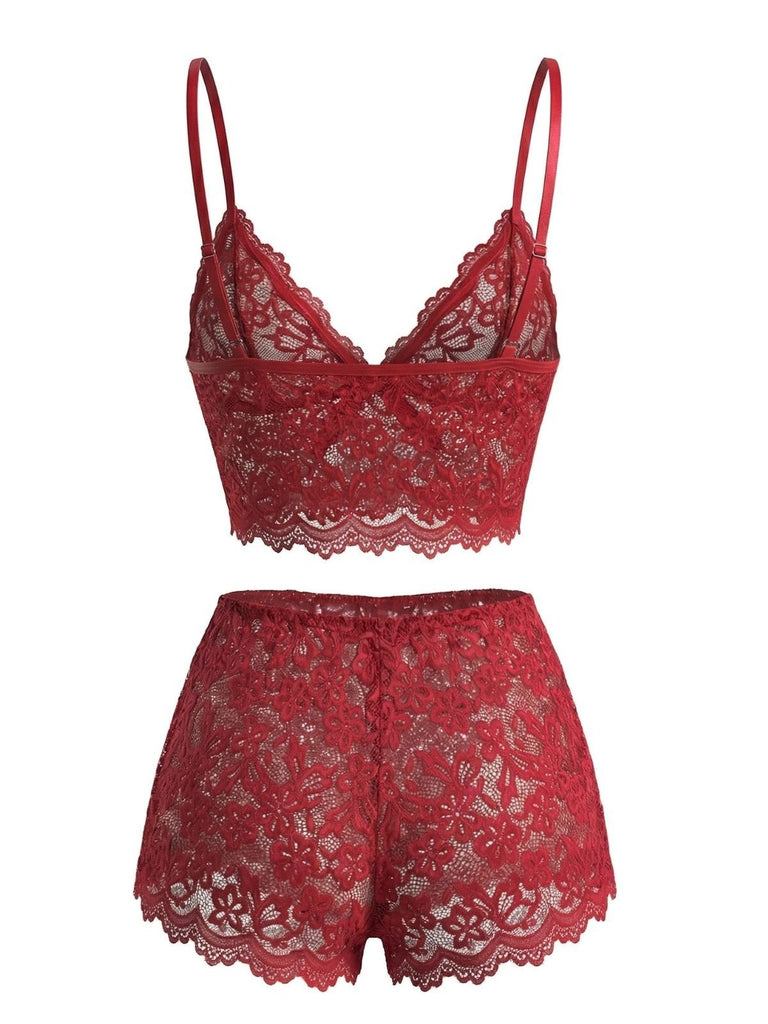 Red 1960s Spaghetti Strap Lace Floral Bow Pajama Set