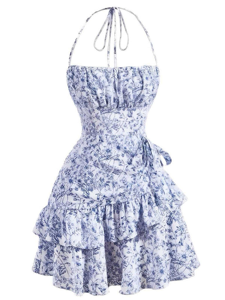 1970s Halter Tiered Ruffle Floral Dress