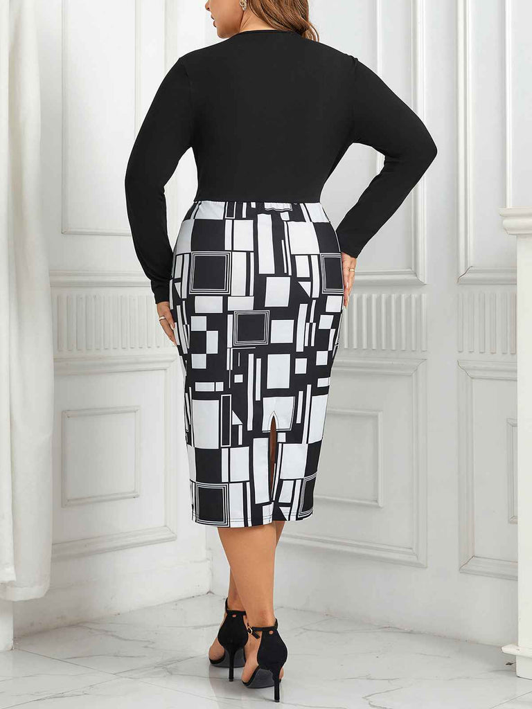 [Plus Size] Black 1960s Geometric Long Sleeve Wrap Dress