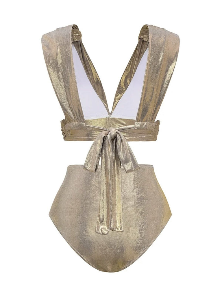 5PCS Gold 1980s Bejeweled Metallic Egyptian-Inspired Bikini Set