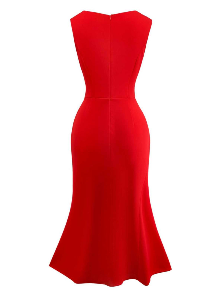 Red 1960s Ruffle Hem Asymmetric Sleeveless Dress
