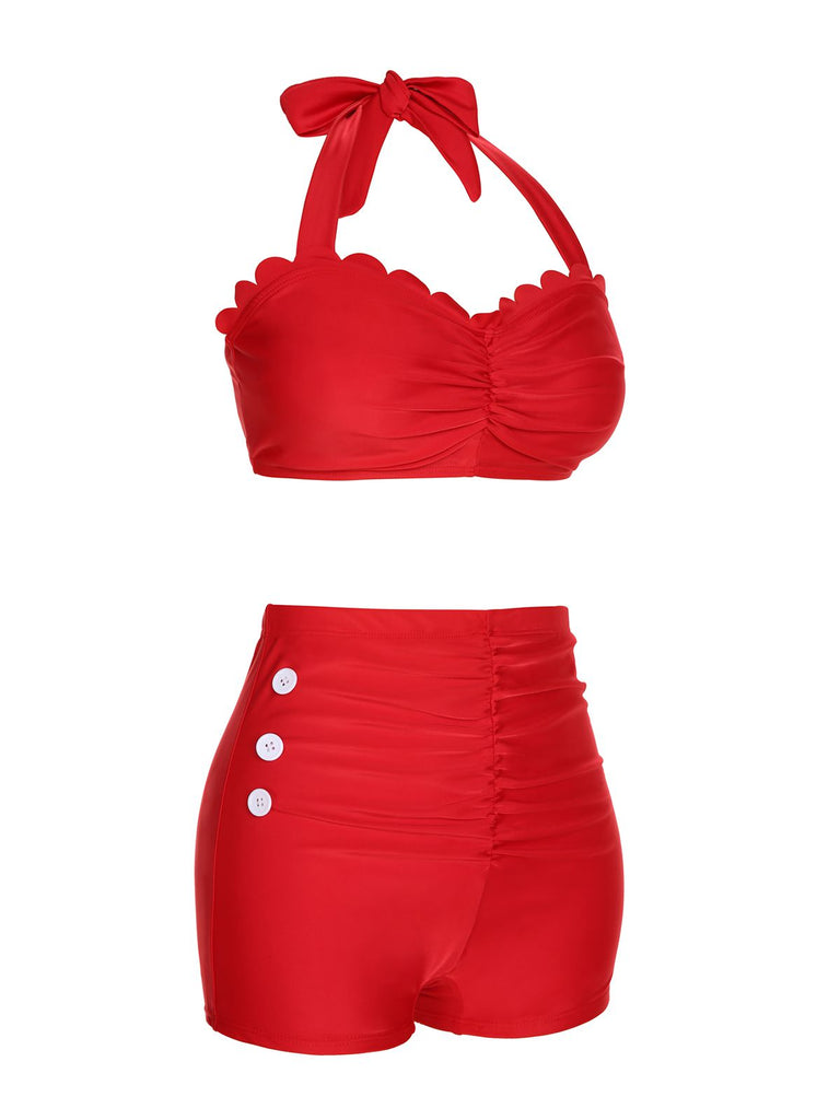 [US Warehouse] Red 1950s Button Ruffles Halter Swimsuit