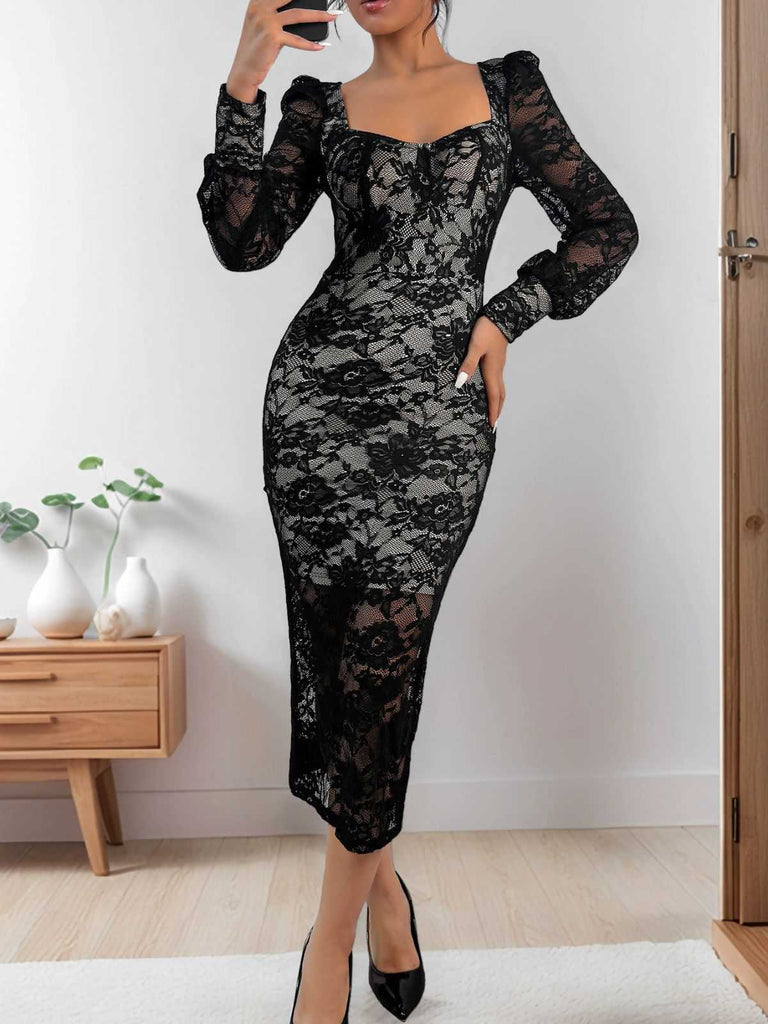 Black 1960s Square Neck Lace Bodycon Dress