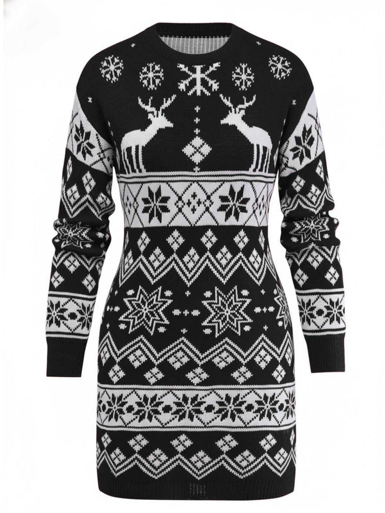 1960s Christmas Reindeer Snowflake Jacquard Knit Dress