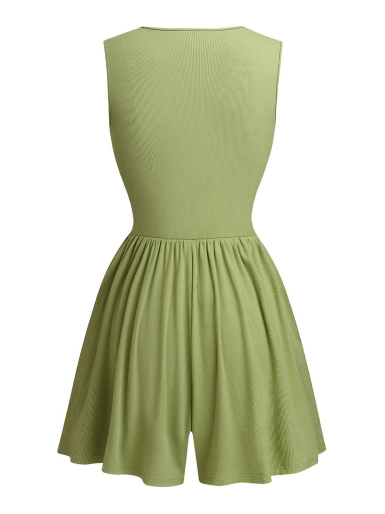 1950s Tie-Shoulder Lace Waist V-Neck Fit Romper